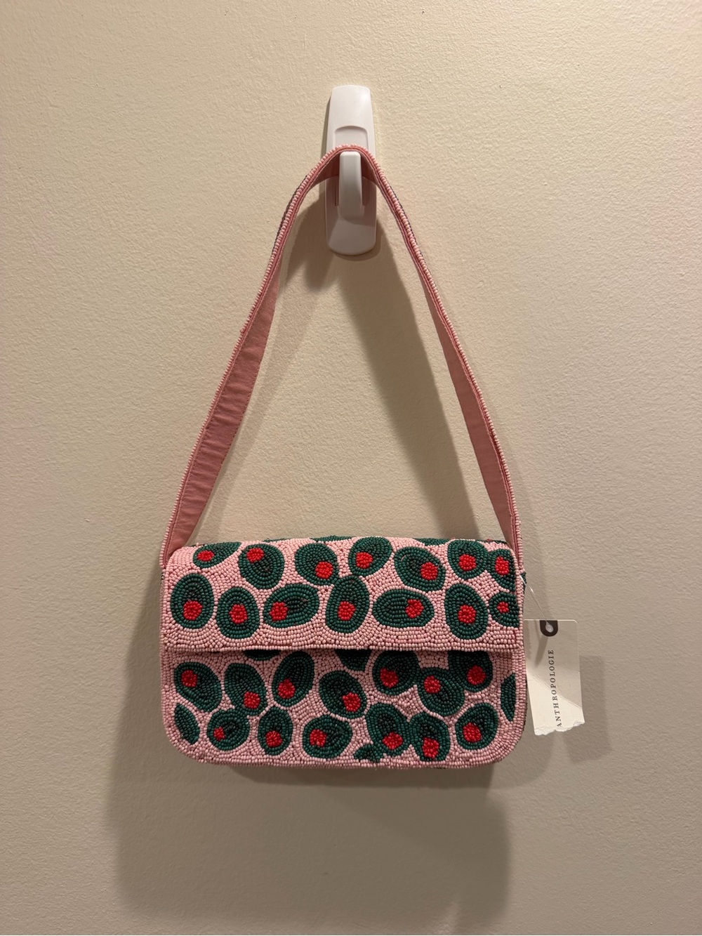Anthropologie Pink Beaded Shoulder Bag with Green and Red Motif